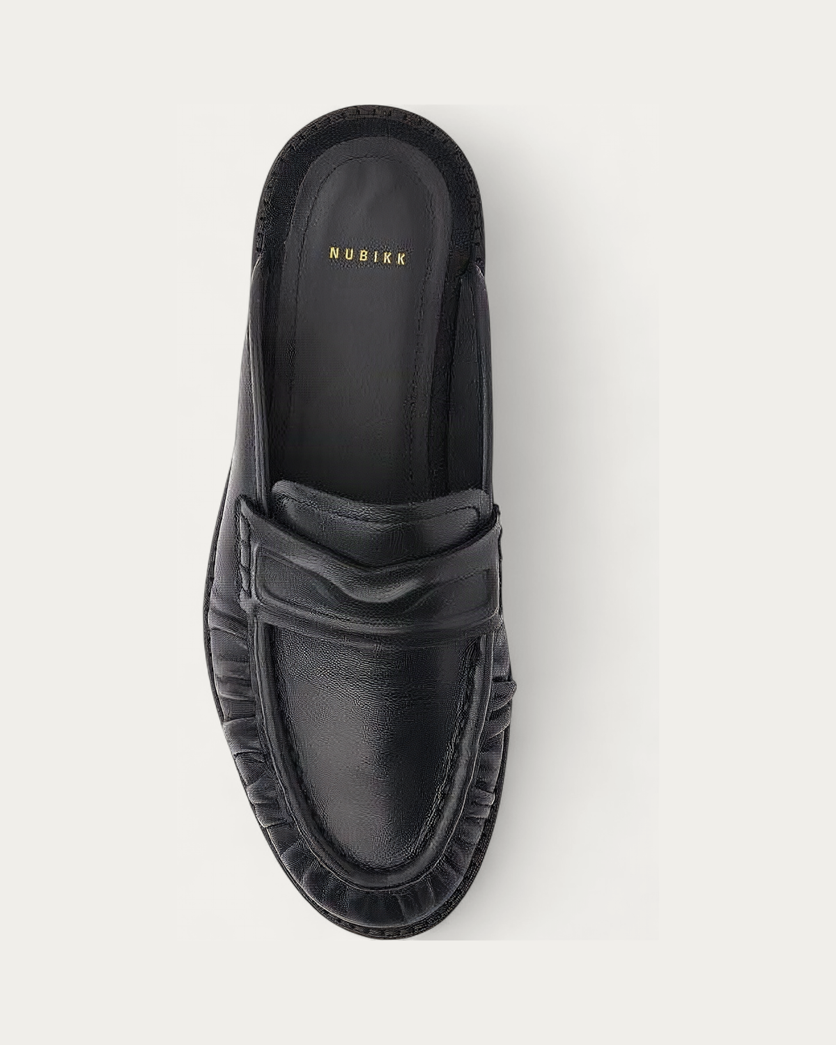 NUBIKK Jones Black Leather Ruffle Mule Loafer, top view