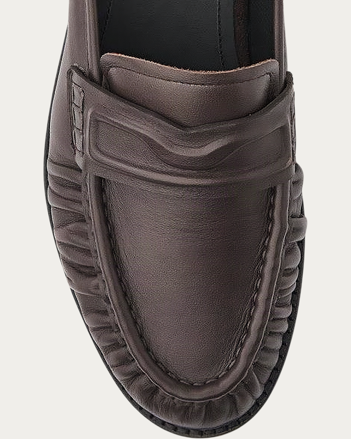 NUBIKK Jones Dark Brown Leather Ruffle Mule Loafer, close-up detail