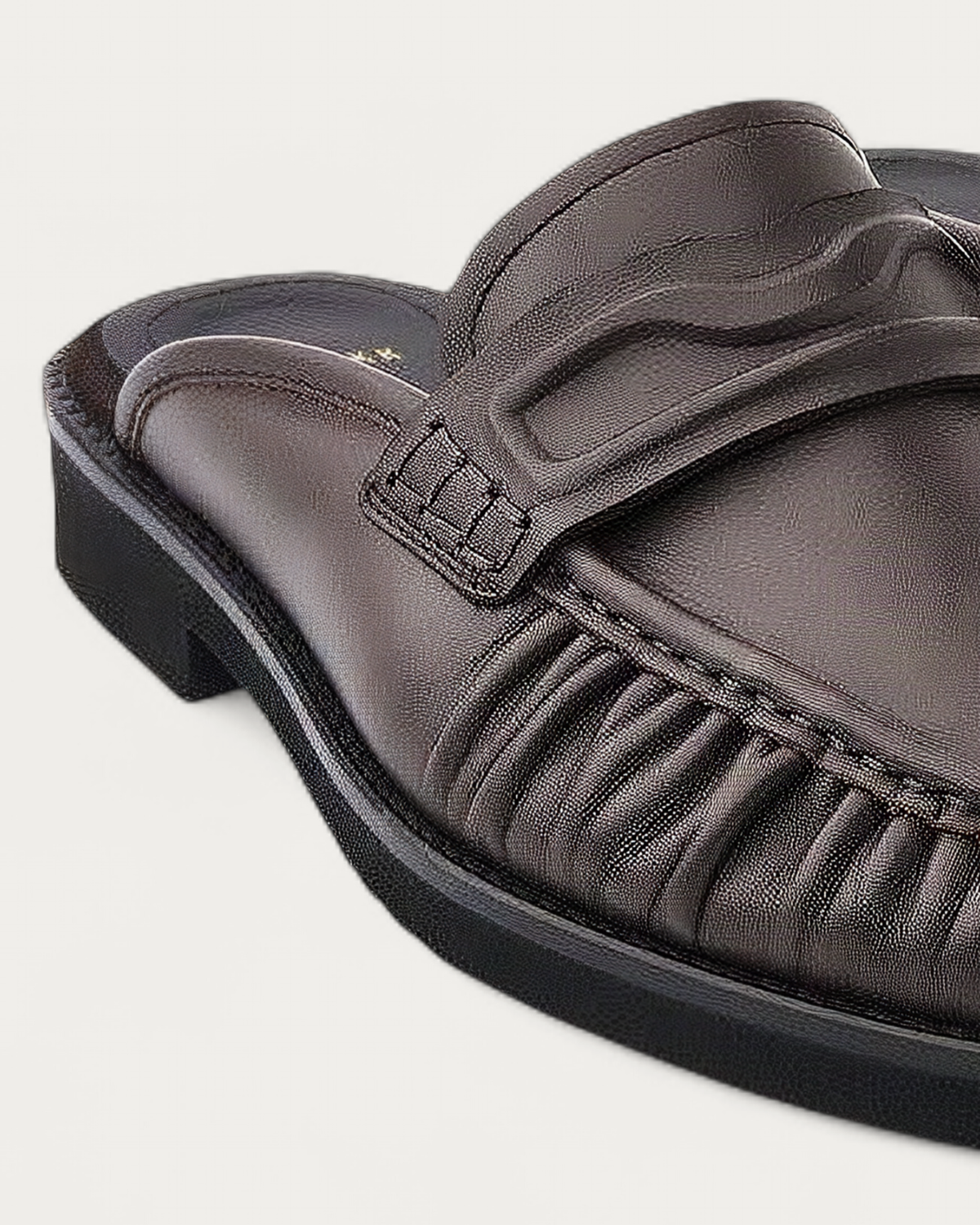 NUBIKK Jones Dark Brown Leather Ruffle Mule Loafer, heel detail