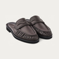 NUBIKK Jones Dark Brown Leather Ruffle Mule Loafer, three-quarter view