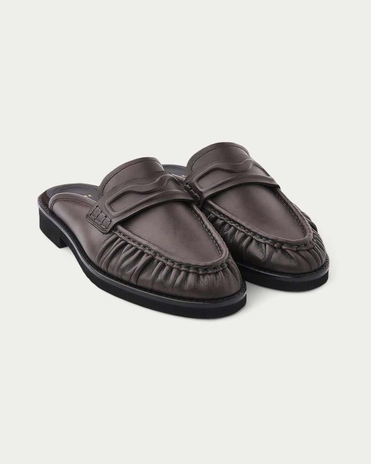 NUBIKK Jones Dark Brown Leather Ruffle Mule Loafer, three-quarter view
