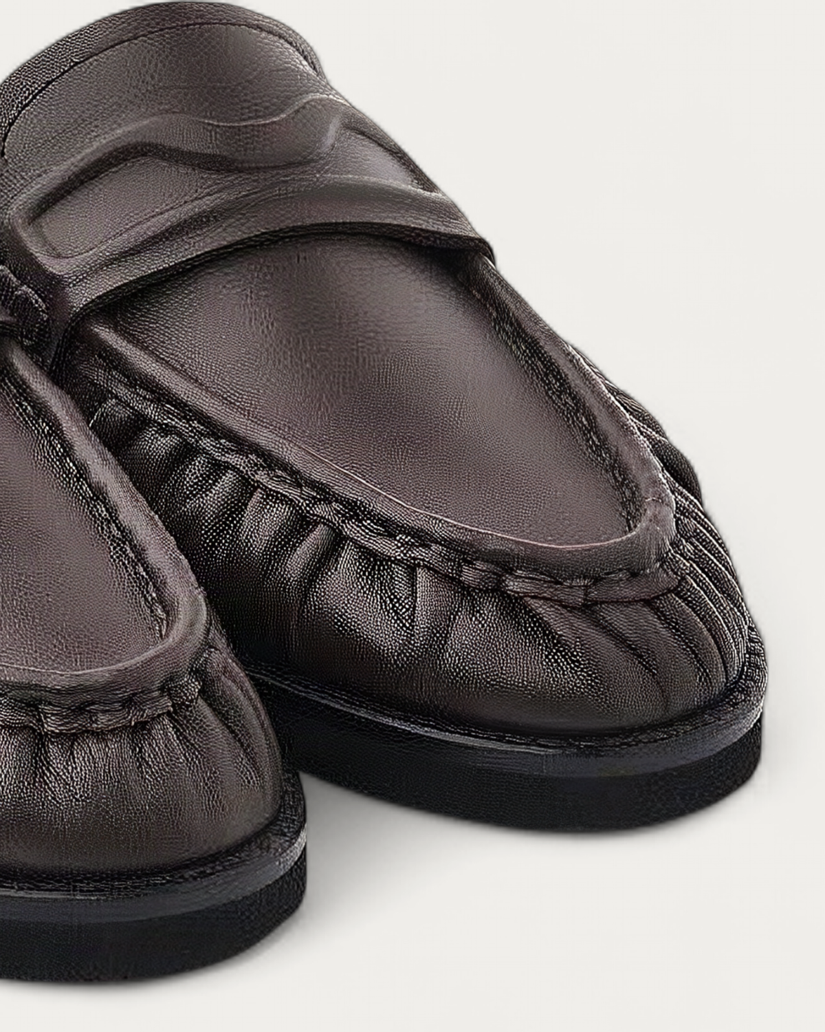 NUBIKK Jones Dark Brown Leather Ruffle Mule Loafer, toe detail