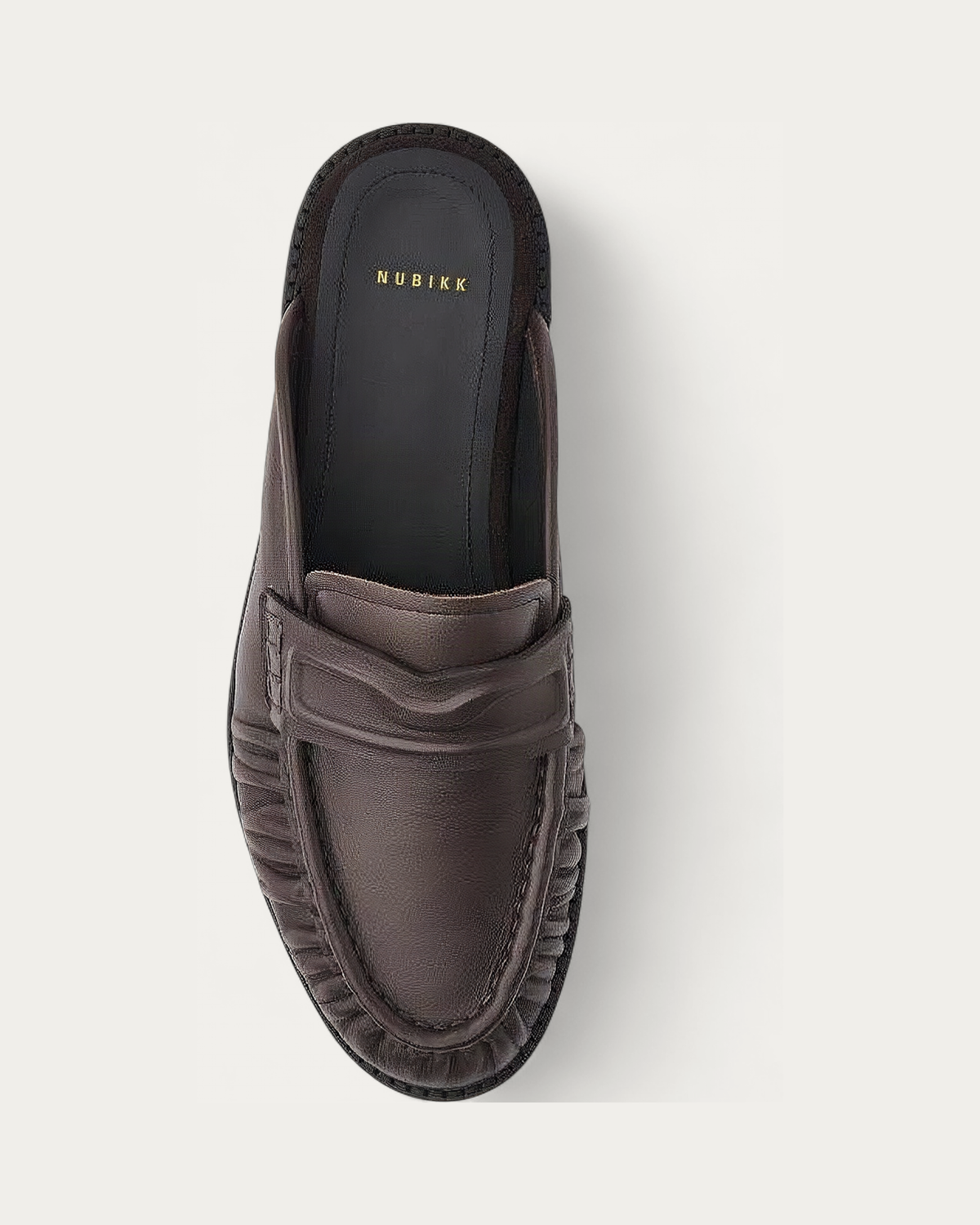 NUBIKK Jones Dark Brown Leather Ruffle Mule Loafer, top view