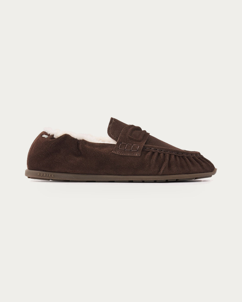 NUBIKK Riley Mio Fur dark brown suede shearling-lined loafer with pleated front and penny strap, side profile