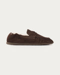 NUBIKK Riley Mio Fur dark brown suede shearling-lined loafer with pleated front and penny strap, side profile