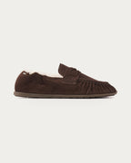 NUBIKK Riley Mio Fur dark brown suede shearling-lined loafer with pleated front and penny strap, side profile