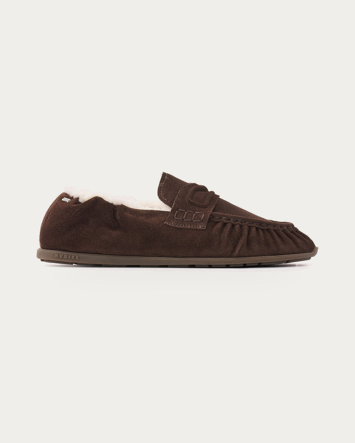 NUBIKK Riley Mio Fur dark brown suede shearling-lined loafer with pleated front and penny strap, side profile