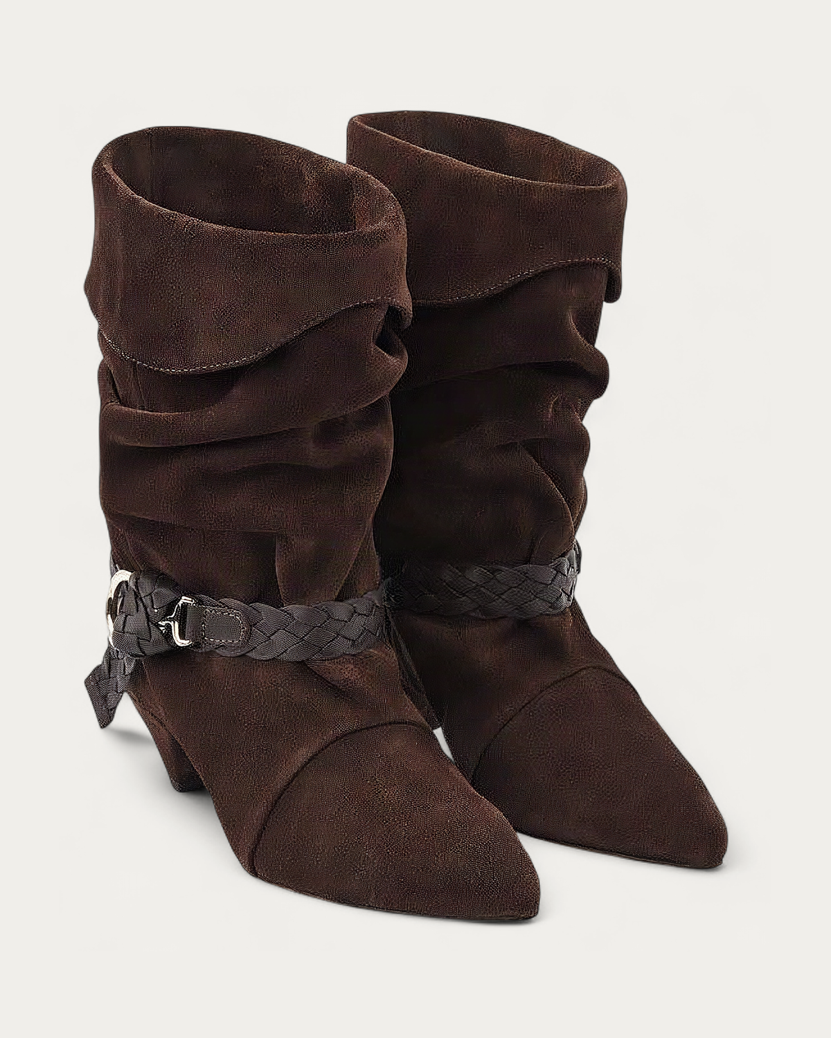 NUBIKK Sally Lynn Dark Brown Suede Ruffle Ankle Boot, pair view