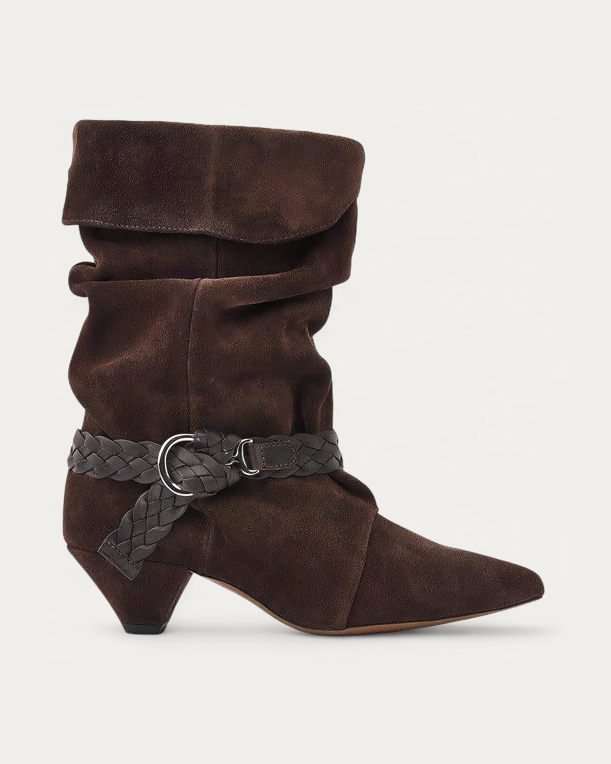 NUBIKK Sally Lynn Dark Brown Suede Ruffle Ankle Boot, side profile