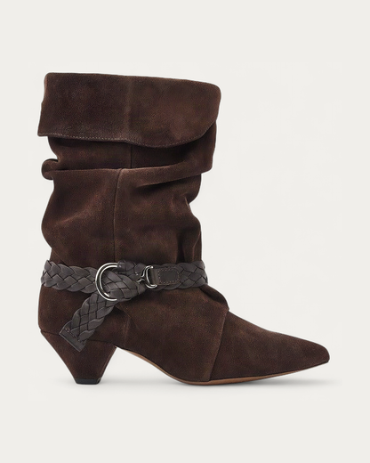NUBIKK Sally Lynn Dark Brown Suede Ruffle Ankle Boot, side profile
