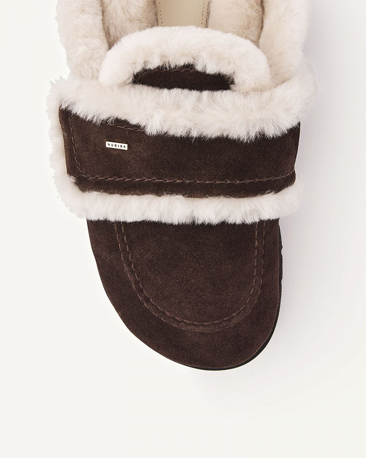 NUBIKK Teddy Espresso Suede Shearling Clog, close-up detail