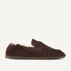 NUBIKK Riley Mio Fur dark brown suede shearling-lined loafer, side profile with flat sole