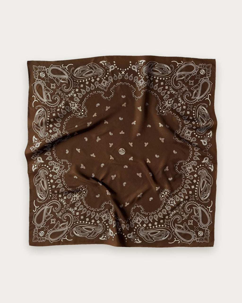 Paisley Scarf in Mocha Mousse by Lescarf, 65x65 cm, laid flat in brown with cream paisley print