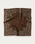 Paisley Scarf in Mocha Mousse by Lescarf, 65x65 cm, laid flat in brown with cream paisley print