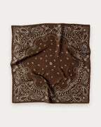 Paisley Scarf in Mocha Mousse by Lescarf, 65x65 cm, laid flat in brown with cream paisley print