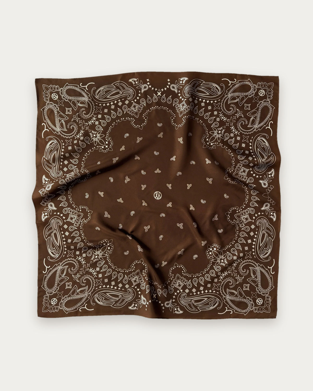 Paisley Scarf in Mocha Mousse by Lescarf, 65x65 cm, laid flat in brown with cream paisley print