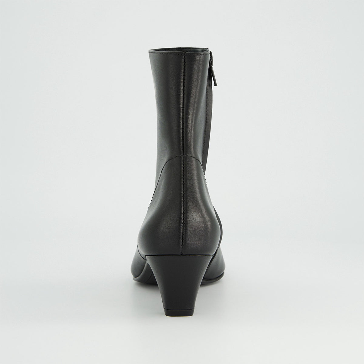 Paul Green Black Leather Kitten Heel Ankle Boot, back view of the kitten heel