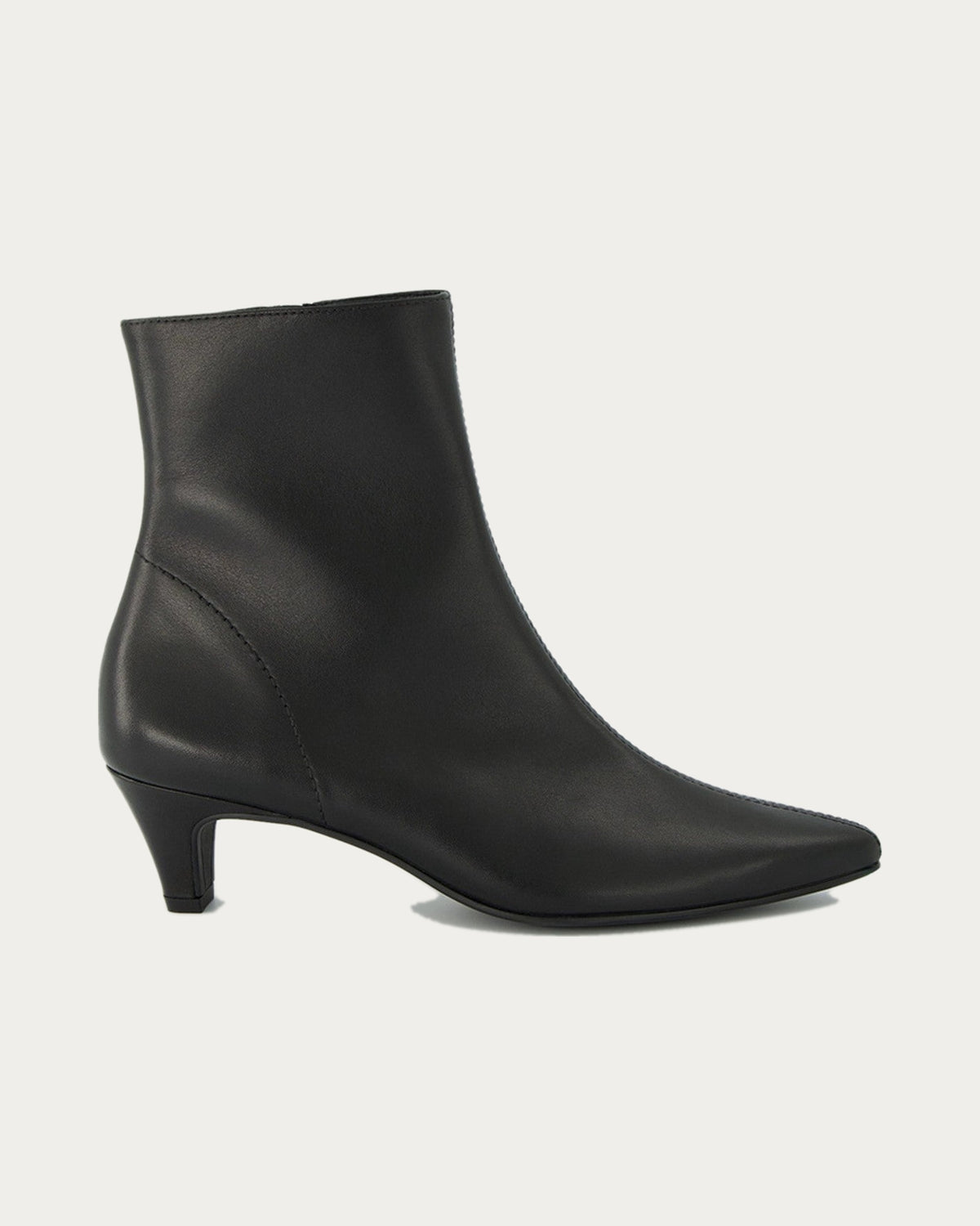 Paul Green Black Leather Kitten Heel Ankle Boot in side profile on a warm off-white background