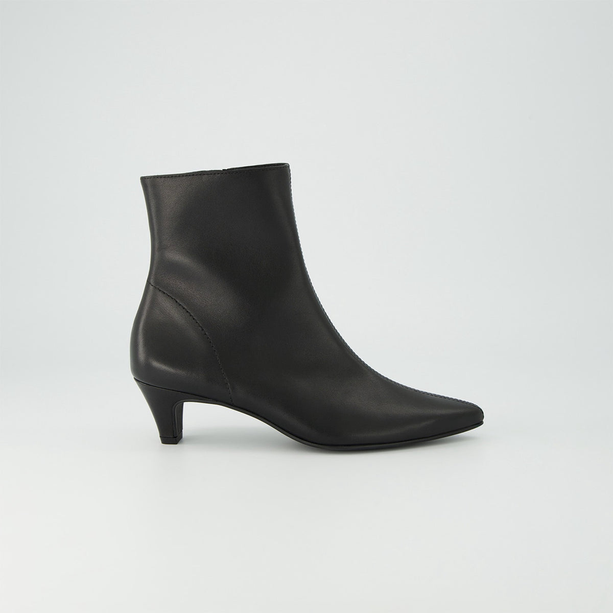 Paul Green Black Leather Kitten Heel Ankle Boot, side view showing the pointed toe and kitten heel