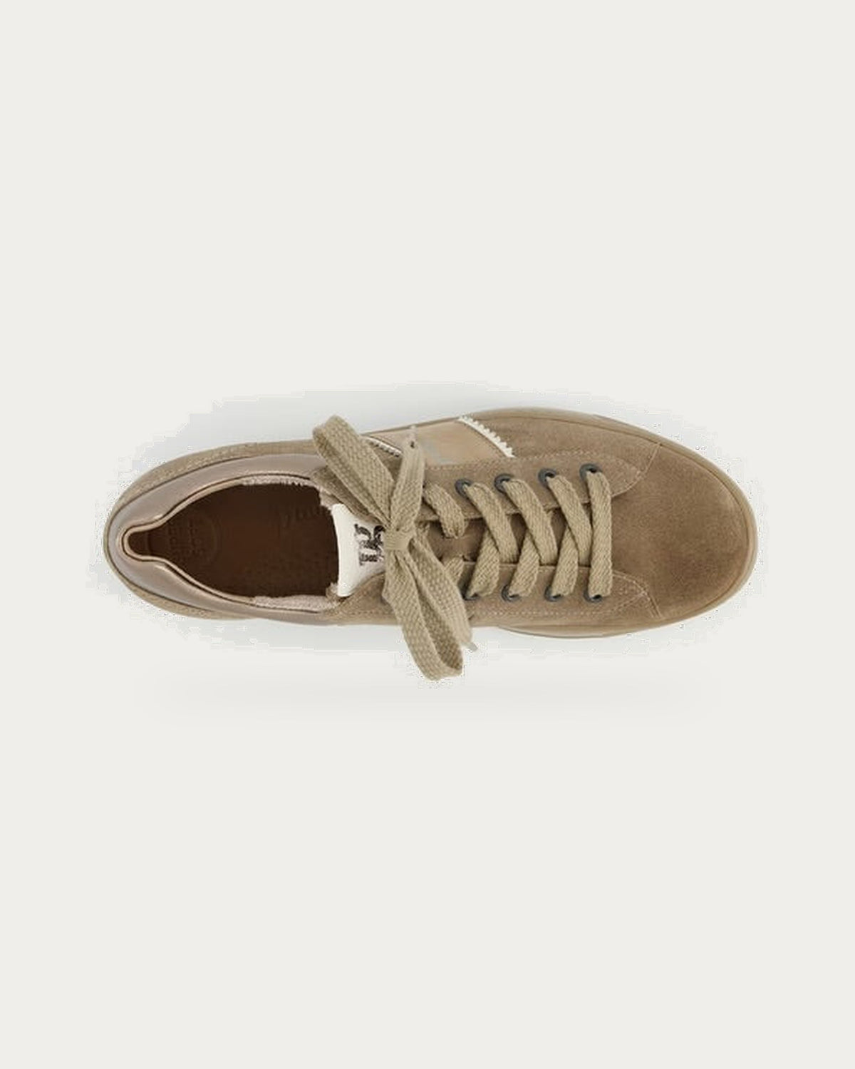 Paul Green Platform Sneaker in beige suede with tonal laces and a chunky rubber platform sole, seen from above on a warm off-white background