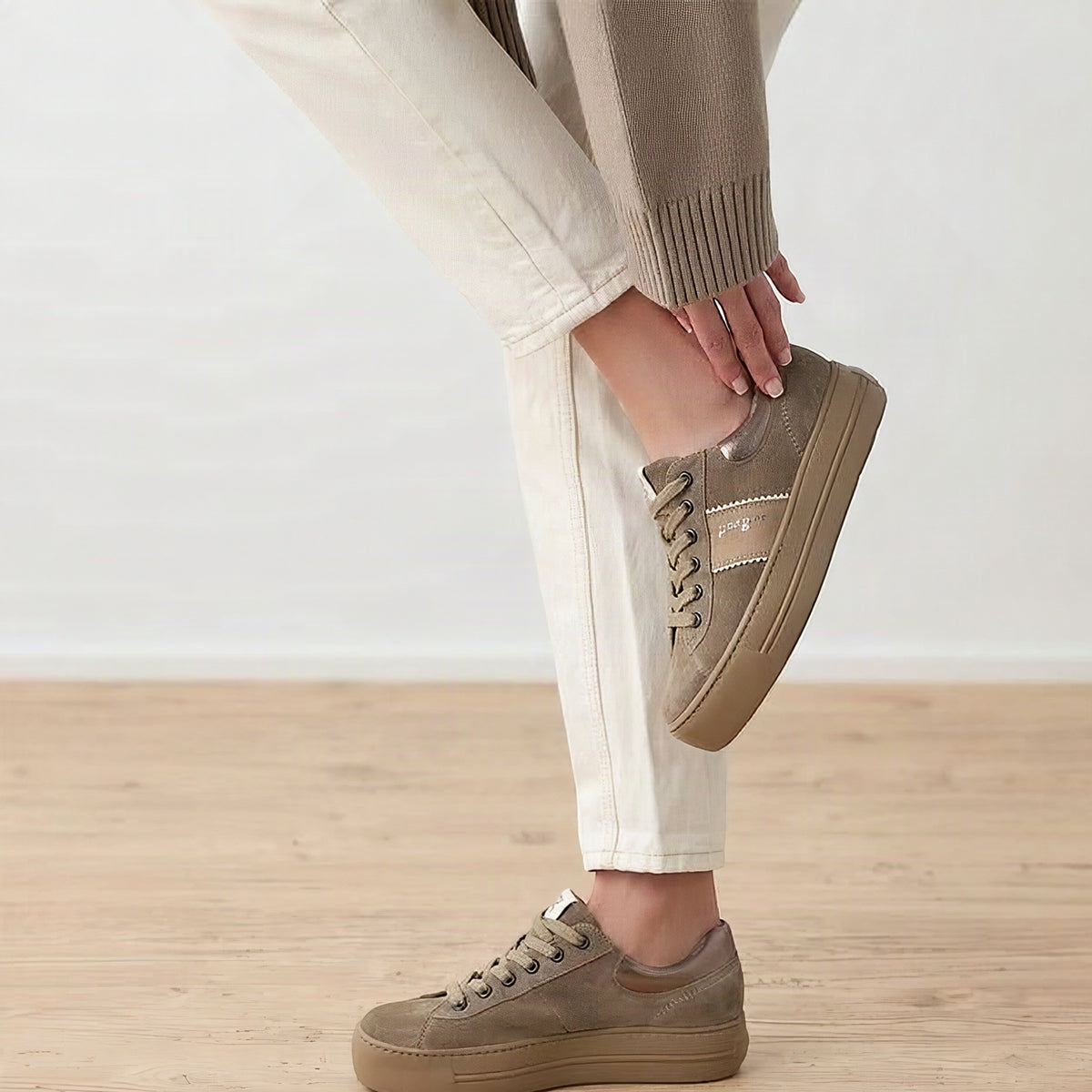 Paul Green Platform Sneaker Beige Suede, worn with cream trousers