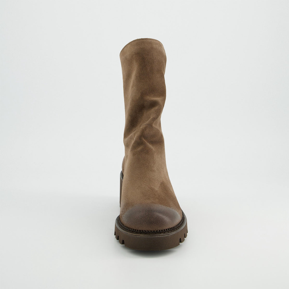 Paul Green Slouch Suede Boot With Lug Sole, front view of the slouchy suede shaft