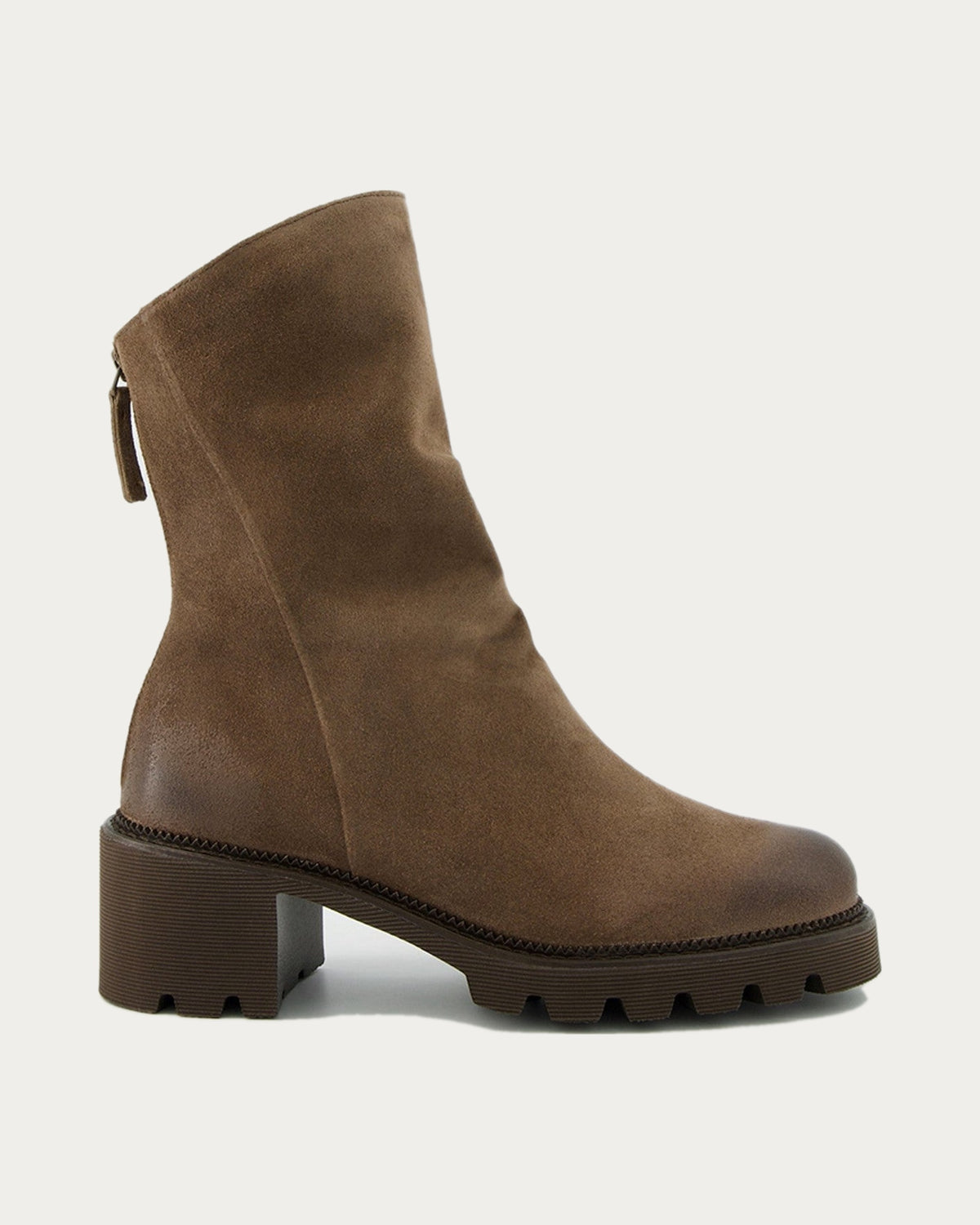 Paul Green Slouch Suede Boot With Lug Sole in side profile on a warm off-white background