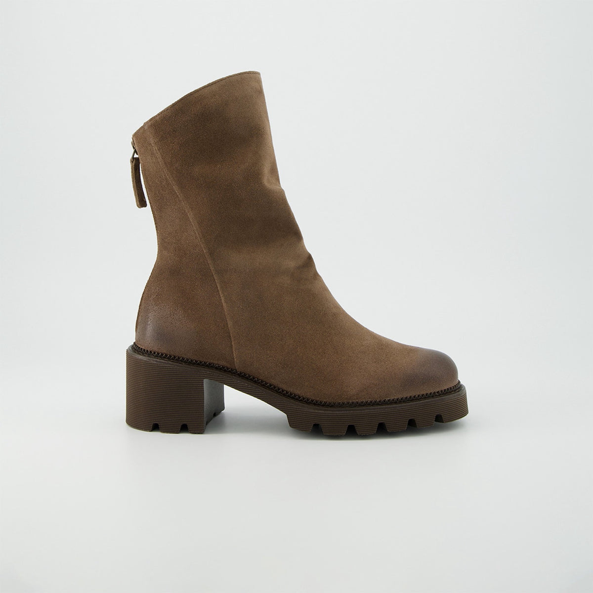 Paul Green Slouch Suede Boot With Lug Sole, side view showing the back zip and chunky lug sole