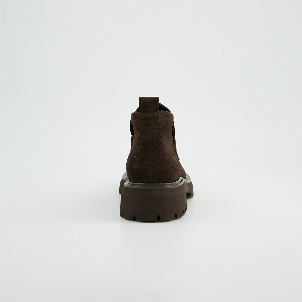 Paul Green Mocca Suede Loafer Boot, back view with the pull tab