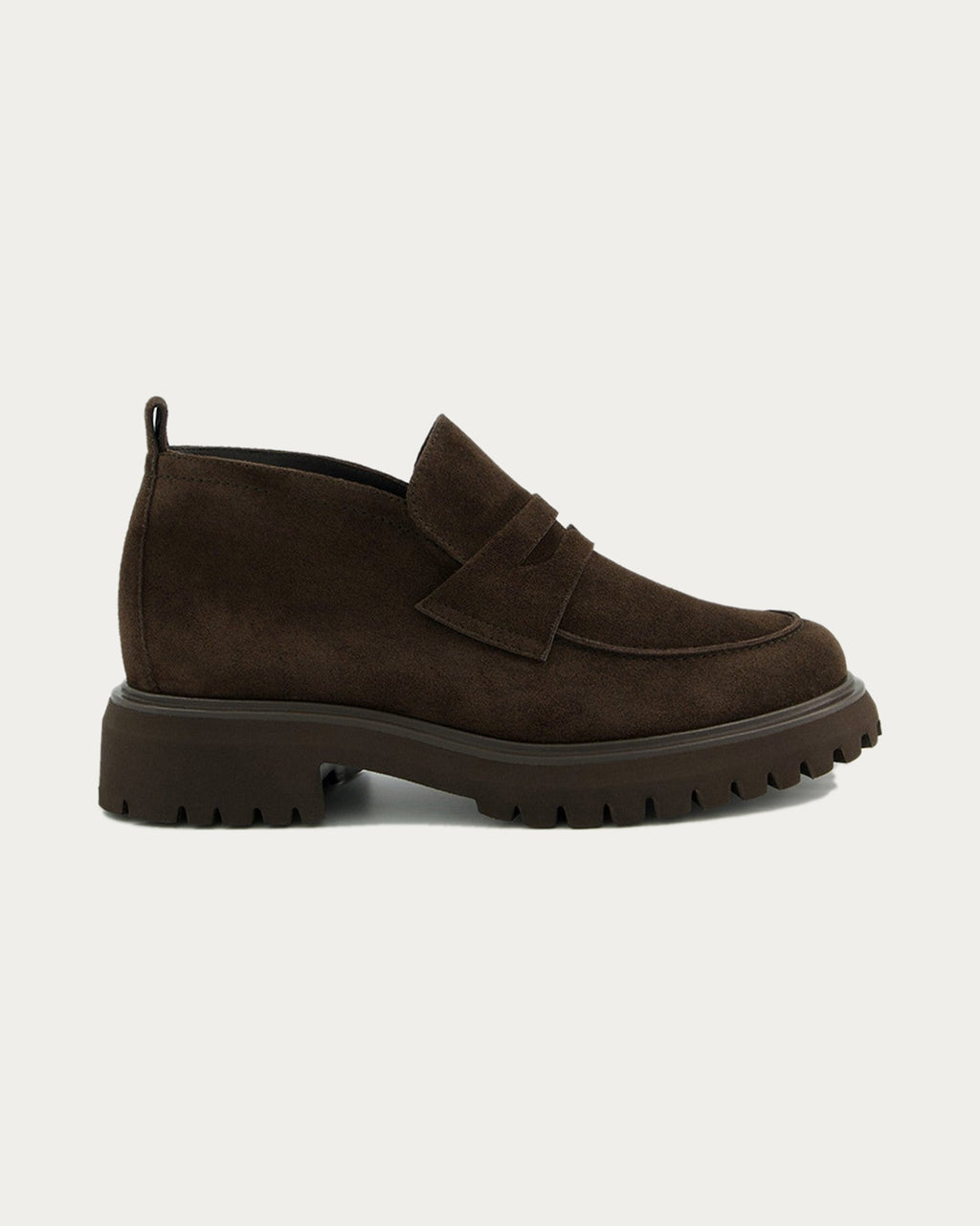Paul Green Mocca Suede Loafer Boot in side profile on a warm off-white background