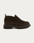 Paul Green Mocca Suede Loafer Boot in side profile on a warm off-white background