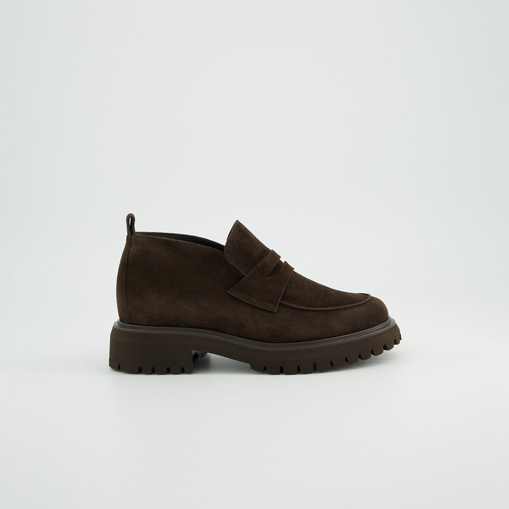 Paul Green Mocca Suede Loafer Boot, side view showing the penny strap and chunky sole