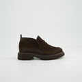 Paul Green Mocca Suede Loafer Boot, side view showing the penny strap and chunky sole