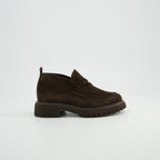 Paul Green Mocca Suede Loafer Boot, side view showing the penny strap and chunky sole