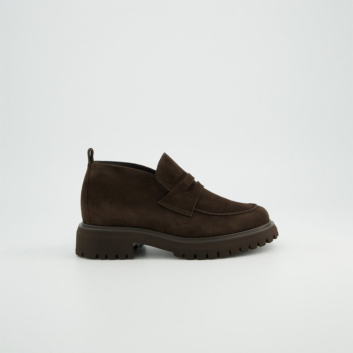 Paul Green Mocca Suede Loafer Boot, side view showing the penny strap and chunky sole