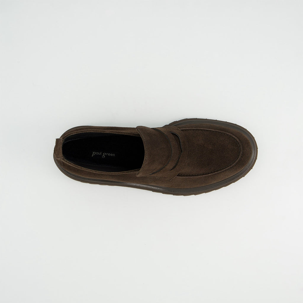 Paul Green Mocca Suede Loafer Boot, view from above showing the penny strap