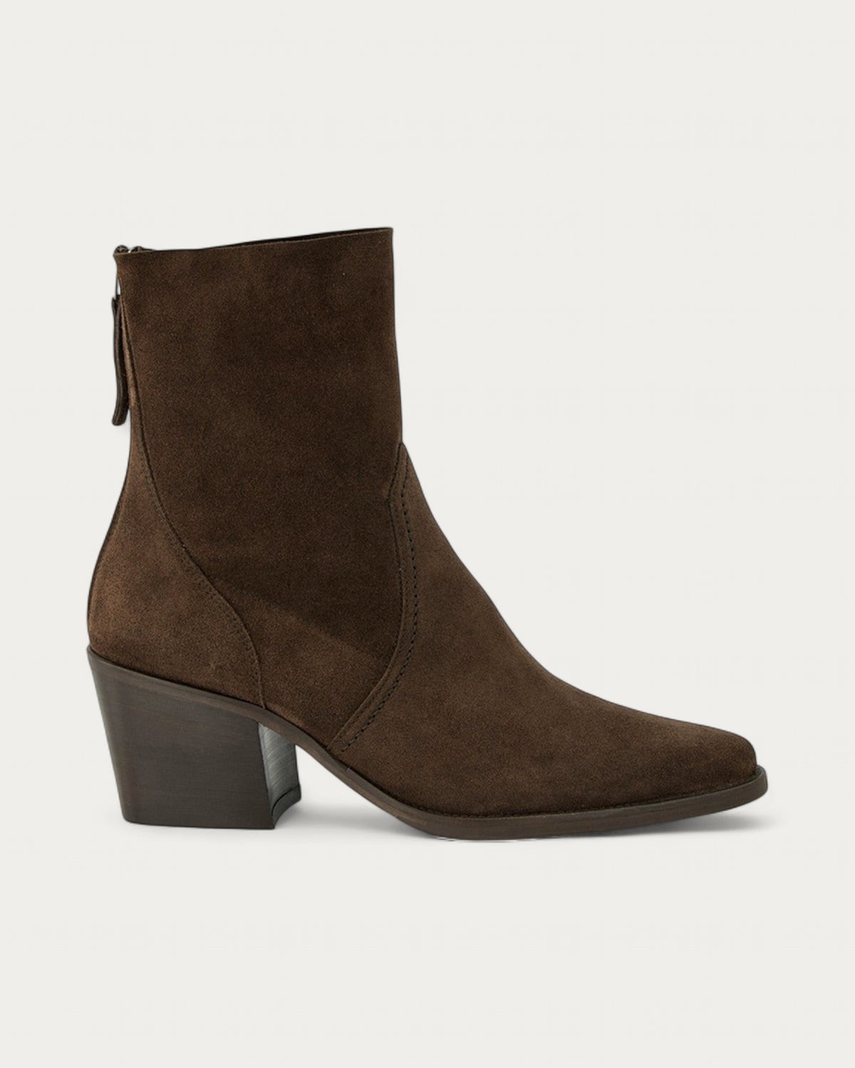 Paul Green Mocca Brown Suede Heel Boot in side profile on a warm off-white background