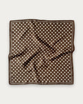 Polkadot Scarf in Brown by Lescarf, 50x50 cm, laid flat in chocolate brown with cream polka dots and a dotted border