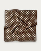 Polkadot Scarf in Brown by Lescarf, 50x50 cm, laid flat in chocolate brown with cream polka dots and a dotted border