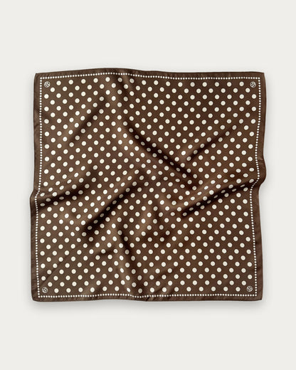 Polkadot Scarf in Brown by Lescarf, 50x50 cm, laid flat in chocolate brown with cream polka dots and a dotted border