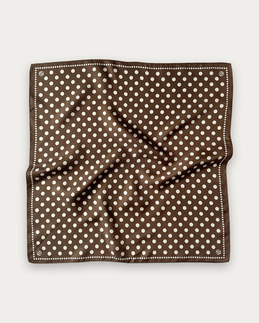 Polkadot Scarf in Brown by Lescarf, 50x50 cm, laid flat in chocolate brown with cream polka dots and a dotted border