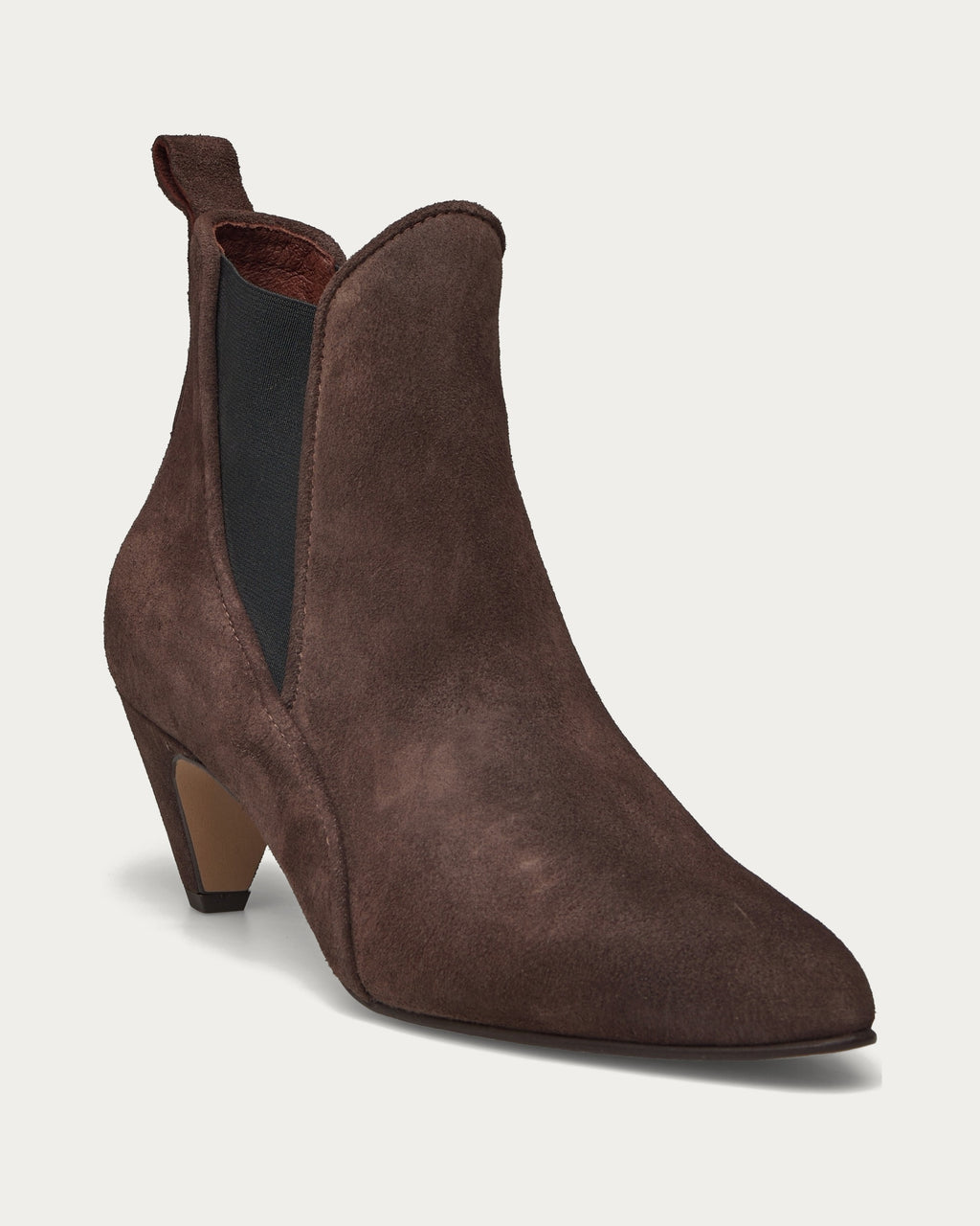 Rikley 50 brown suede ankle boot, front three-quarter view showing the pointed toe and tapered heel
