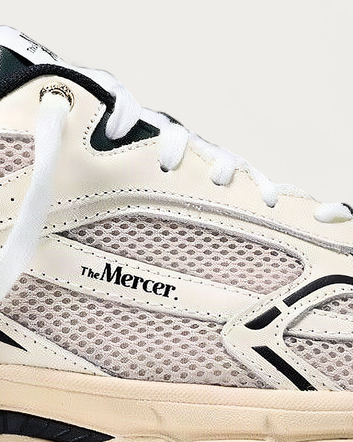 The Mercer Brand Re-Run Classic Off White Sneaker, upper detail