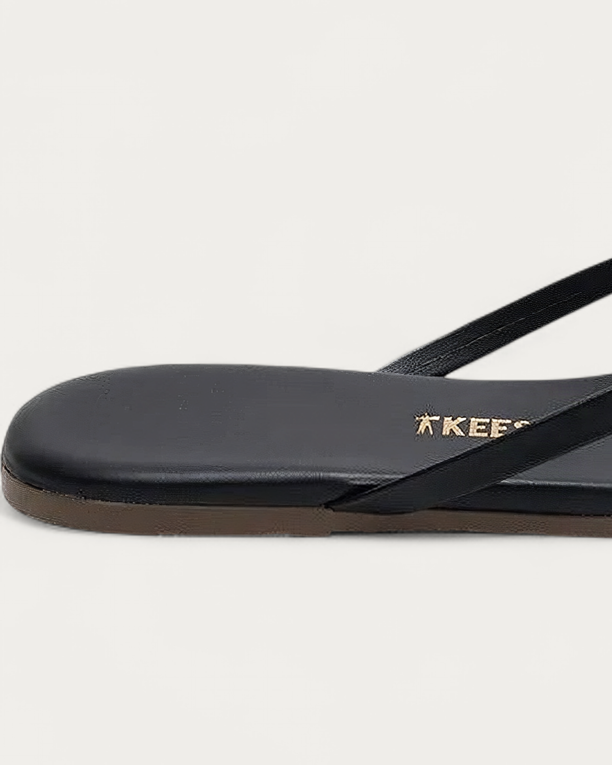TKEES Square Toe Lily Black Leather Flip Flop, heel detail