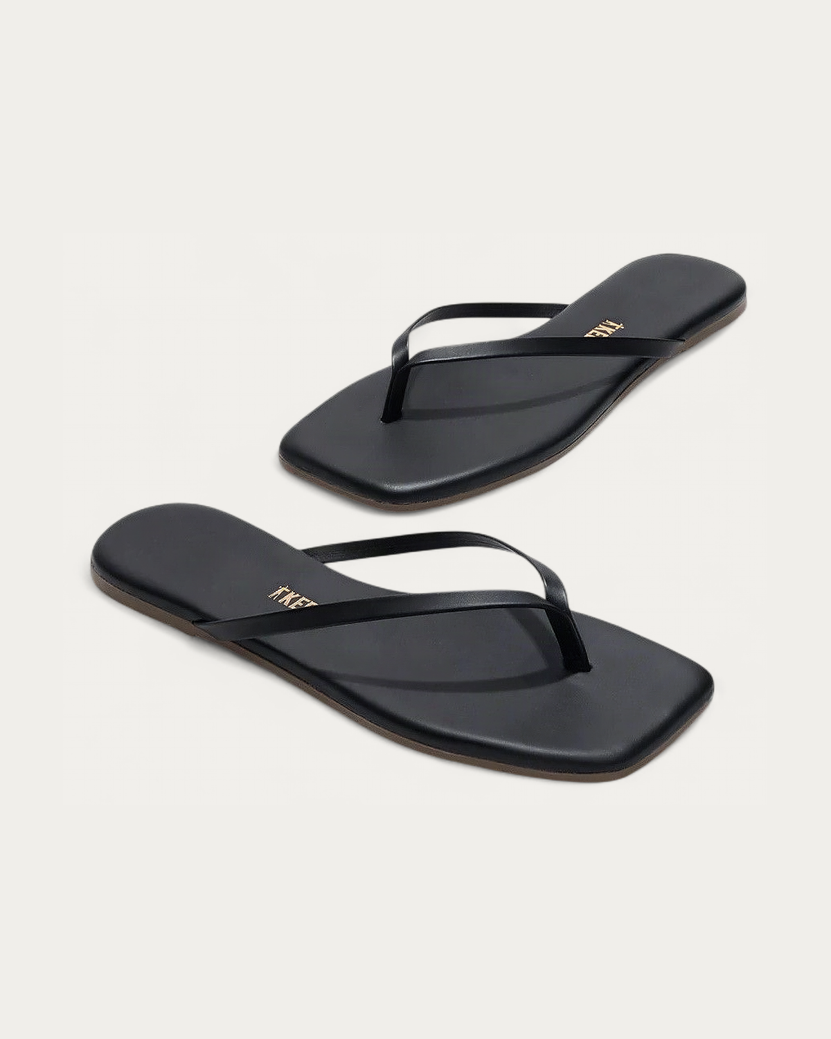 TKEES Square Toe Lily Black Leather Flip Flop, three-quarter view