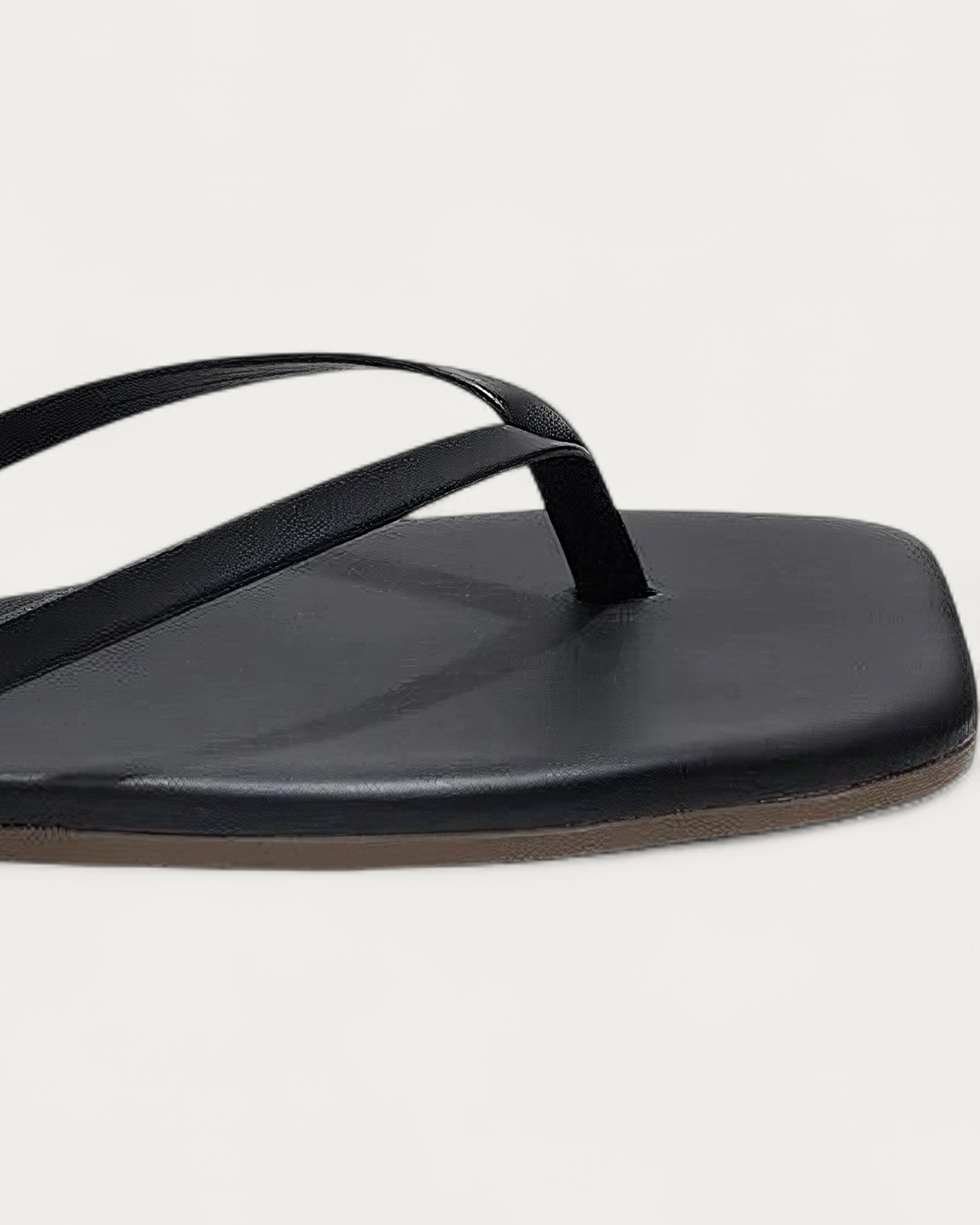 TKEES Square Toe Lily Black Leather Flip Flop, toe detail