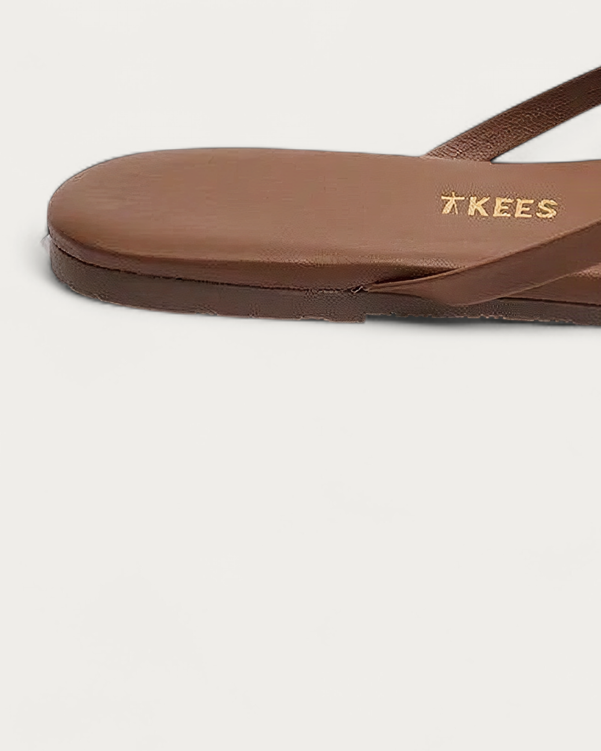 TKEES Square Toe Lily Ganache Caramel Leather Flip Flop, heel detail