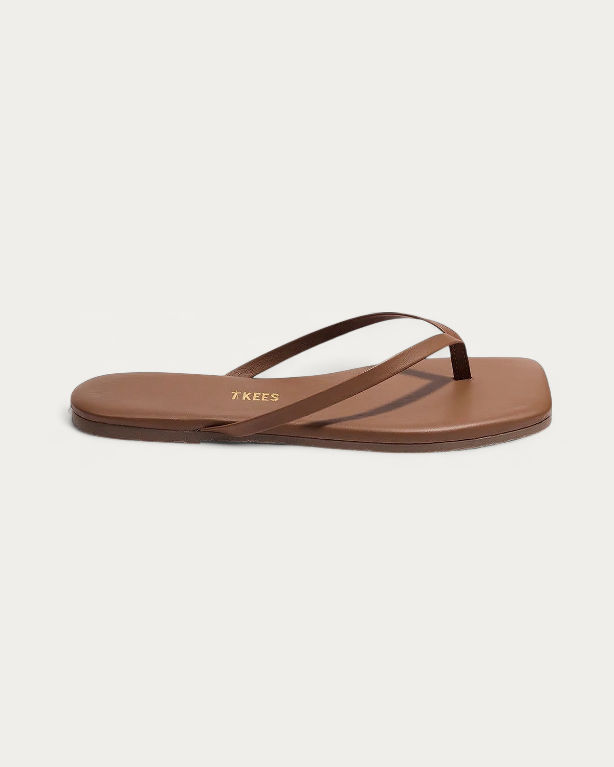 TKEES Square Toe Lily Ganache Caramel Leather Flip Flop, side profile