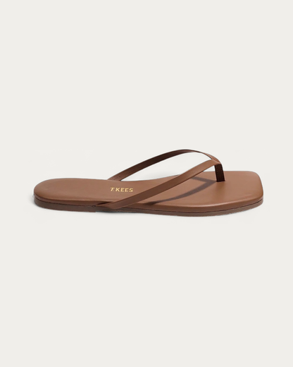 TKEES Square Toe Lily Ganache Caramel Leather Flip Flop, side profile