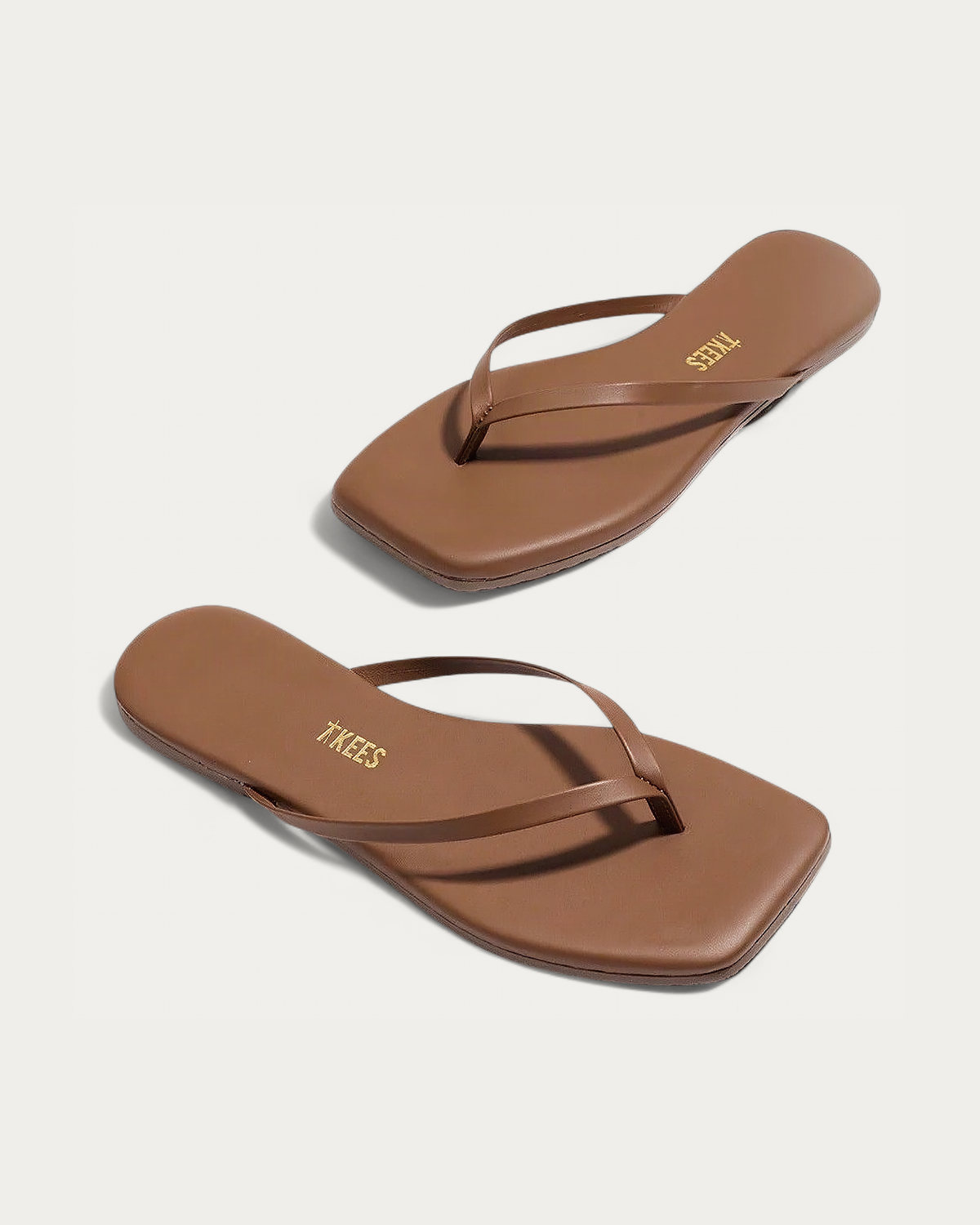 TKEES Square Toe Lily Ganache Caramel Leather Flip Flop, three-quarter view